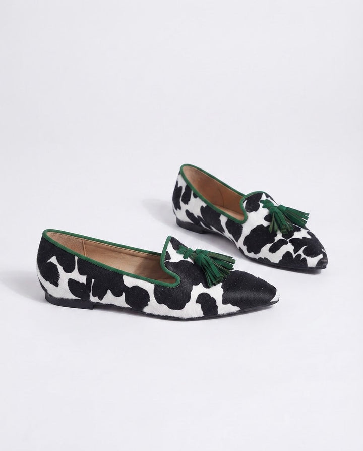 Mocassins Gênes — Vache Blanc et Noir, Pompons Verts
