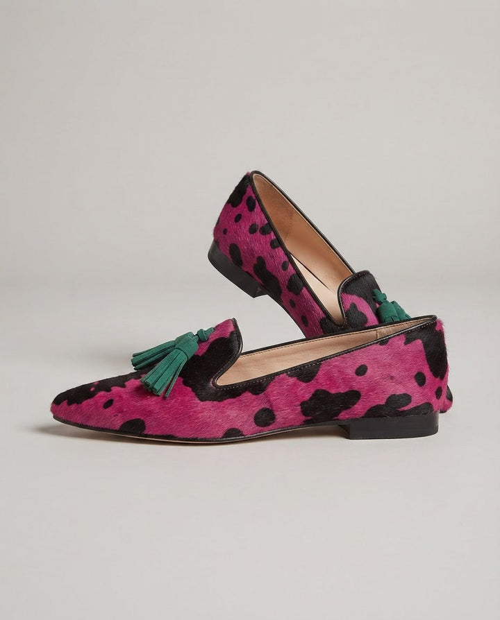 Mocassin Ginevra — Vache Fuchsia, Pompons Verts